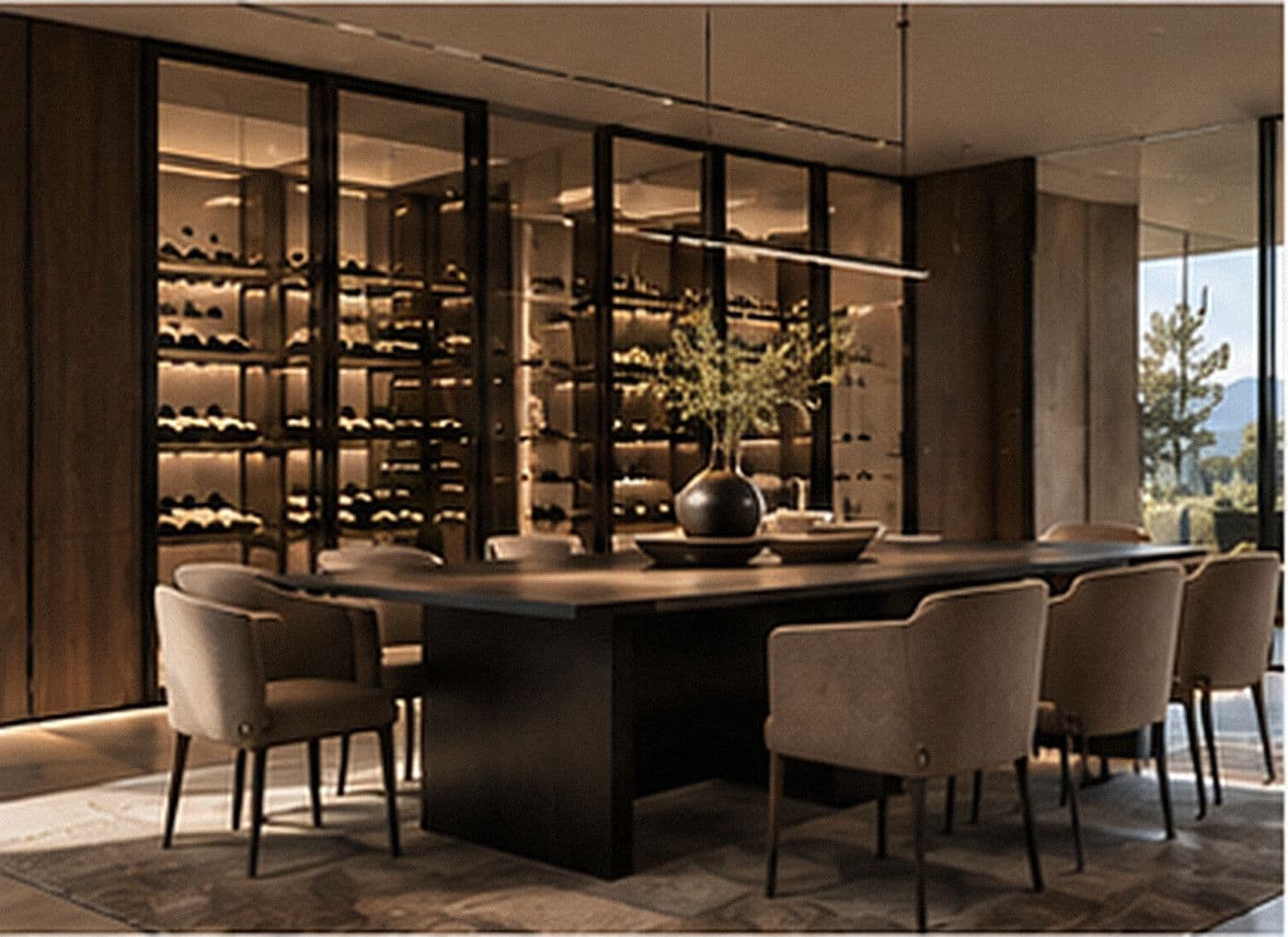 Esszimmer mit Weinvitrine aus Nussbaum und Glas