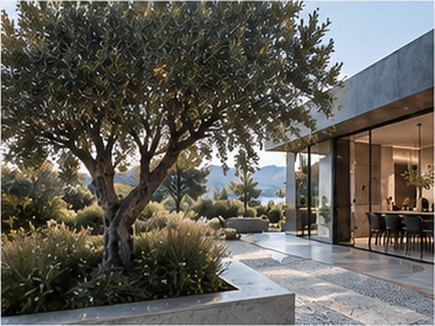 Innenhof mit Olivenbaum vor dem Showroom