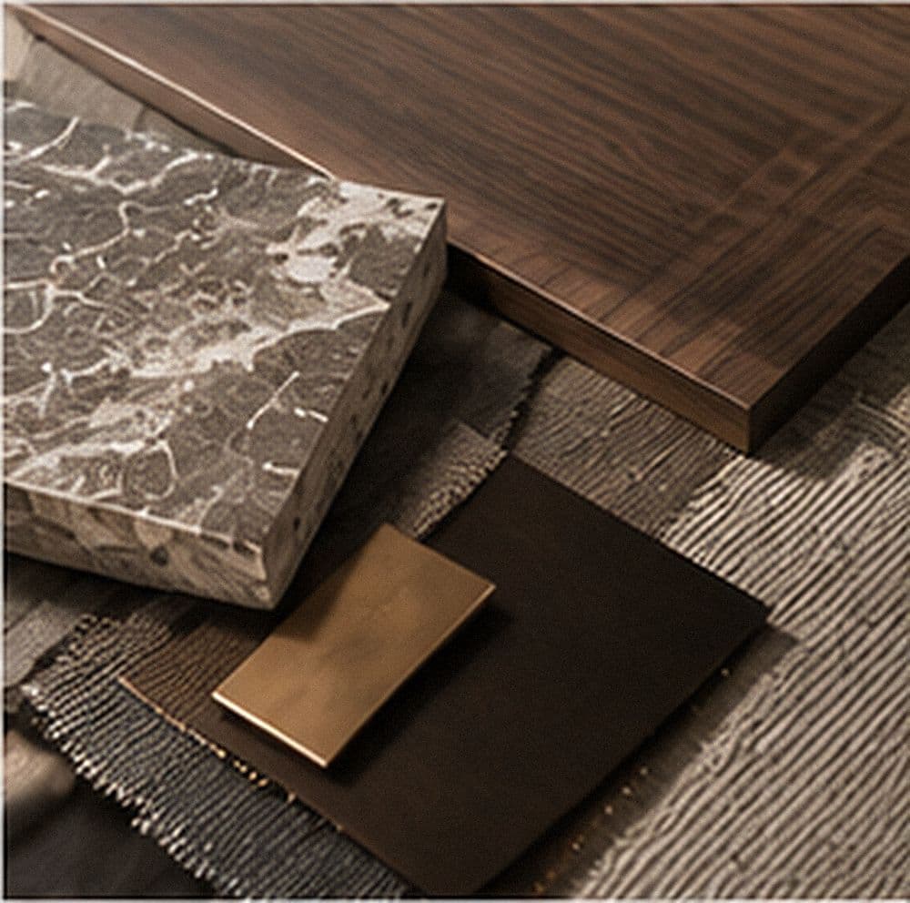 Muster: Naturstein, Nussbaum, Textil, Bronze