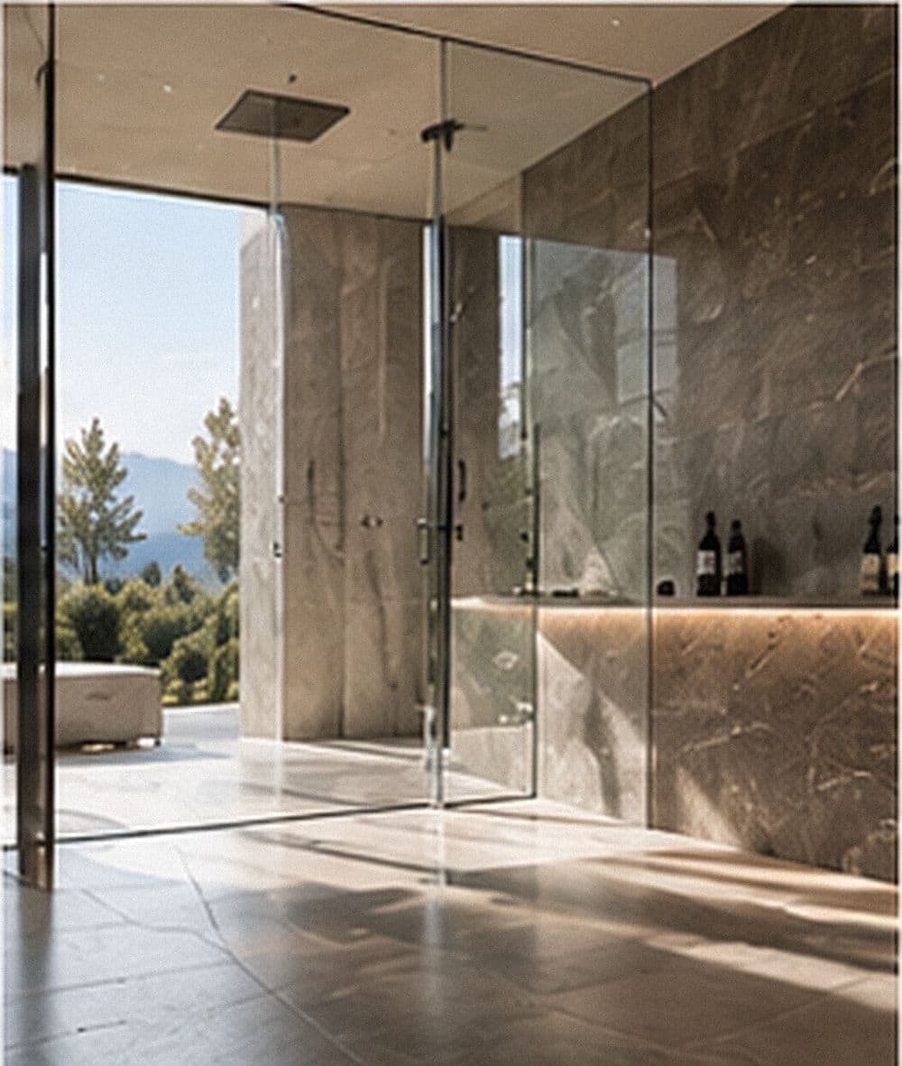 Dusche in Naturstein mit Glaswand